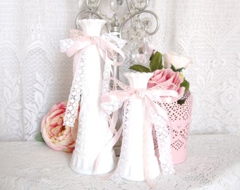 Vintage Milk Glass Bud Vases, Pair of Shabby Cottage Chic Vases, Decorated with Pink Ribbon & Lace Bow, Anchor Hocking Vase, Home Decor