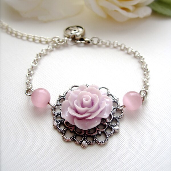 Purple Rose & Vintage Pink Glass Beads Bracelet, Initial Floral Bracelet, Initial Letter "g" Charm Bracelet, Gift for Her, Romantic Jewelry