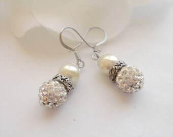 Silver Crystal & Pearl Ball Earrings, Crystal and Swarovski Pearl Ball Earrings, Pave Crystal Ball Dangle Earrings, Gift for Her