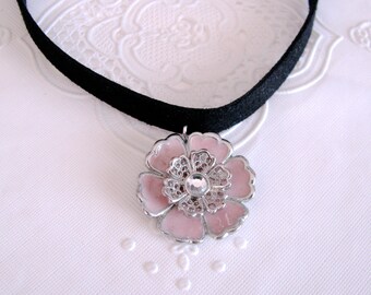 Pink Flower Choker, Pink Enameled Flower Black Velvet Choker, Floral Black Velvet Choker Gothic Choker Necklace Victorian Style Gift for Her