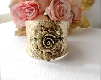 Statement Bracelet, Golden Rose Cuff Bracelet, Floral Cuff Bracelet, Rose Bracelet, Wedding Jewelry, One of a Kind, Unique Gift for Her