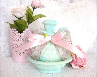 Vintage Avon Mint Green Milk Glass Decanter Perfume Bottle, Shabby Cottage Chic Pink Bow Decanter Perfume Bottle, Home decor, Gift for Her