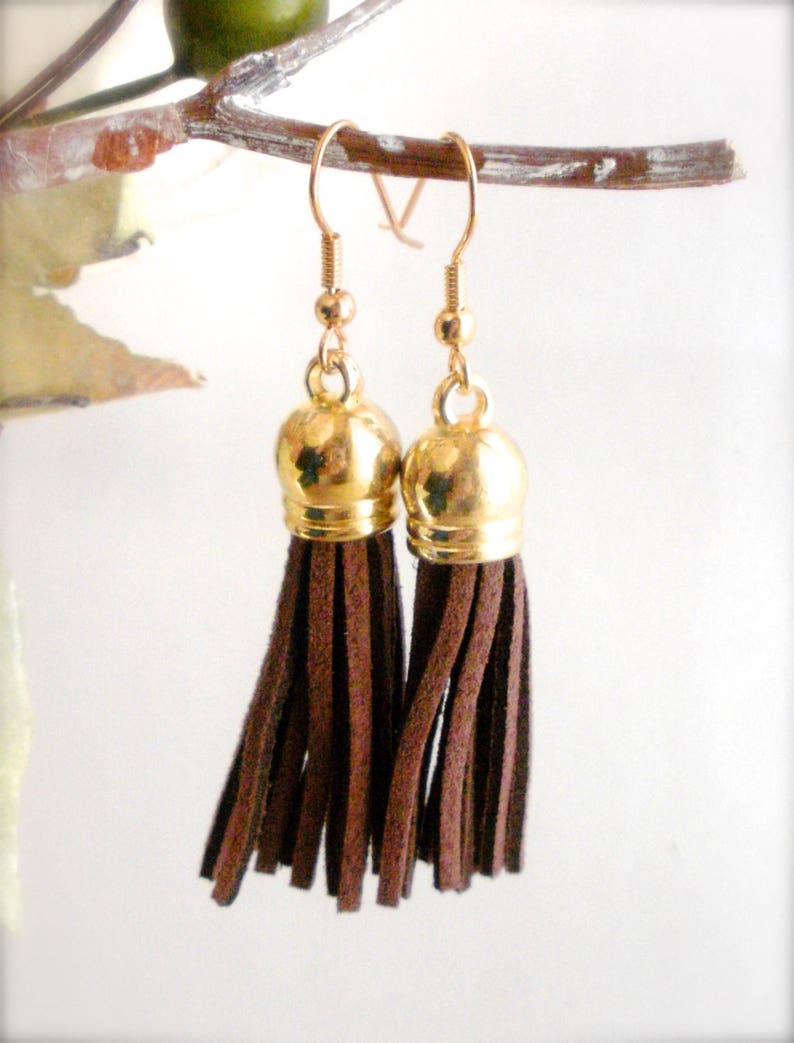 Brown and Goldtone Earrings Boho Faux Suede Earrings Boho Jewelry Dangle Earrings Brown Suede Boho Tassel Earrings Gift for Her