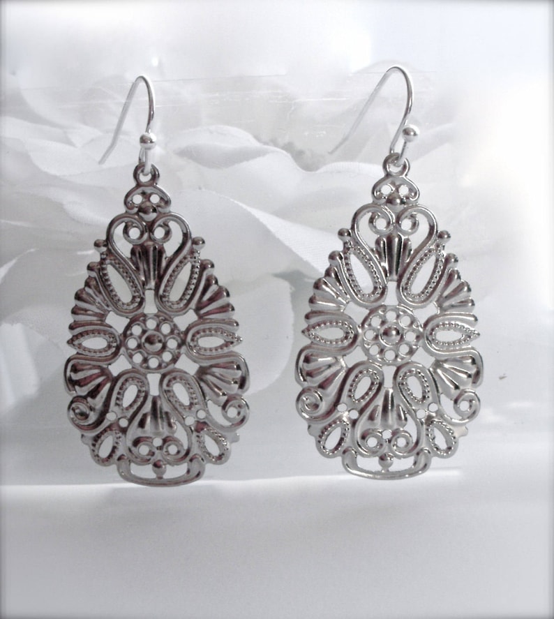 Wedding Jewelry Boho Lace Filigree Earrings Dangle Earrings Romantic Gift Silver Filigree Dangle Earrings Lace Filigree Silver Earrings