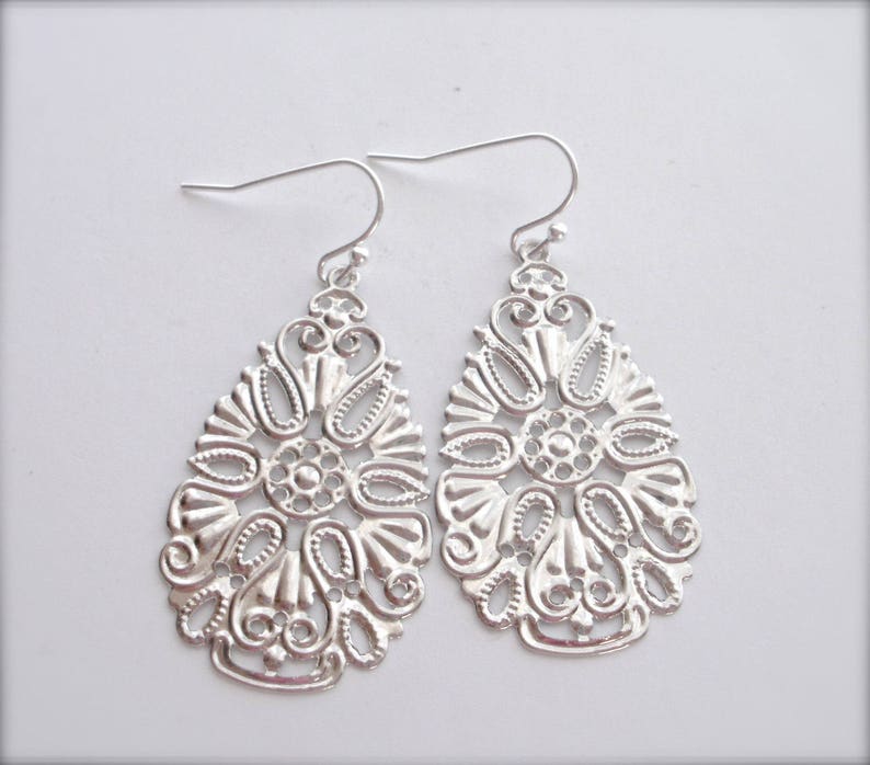 Wedding Jewelry Boho Lace Filigree Earrings Dangle Earrings Romantic Gift Silver Filigree Dangle Earrings Lace Filigree Silver Earrings