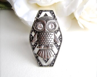 Large Owl Ring with Swarovski Crystal, Impressive Owl Ring, Adjustable Ring, Statement Ring, Steampunk Jewelry, Owl Jewelry Owl Ring