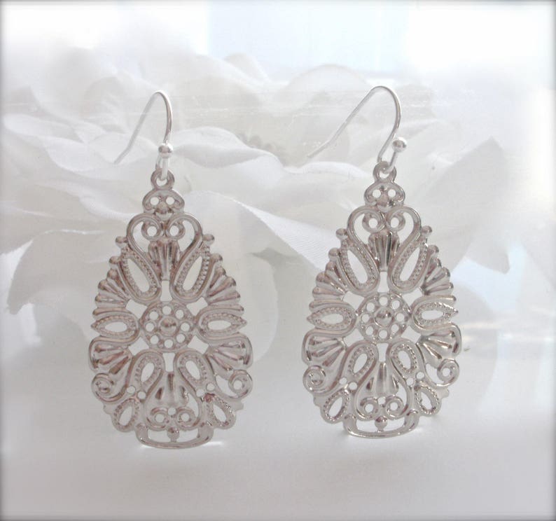 Wedding Jewelry Boho Lace Filigree Earrings Dangle Earrings Romantic Gift Silver Filigree Dangle Earrings Lace Filigree Silver Earrings