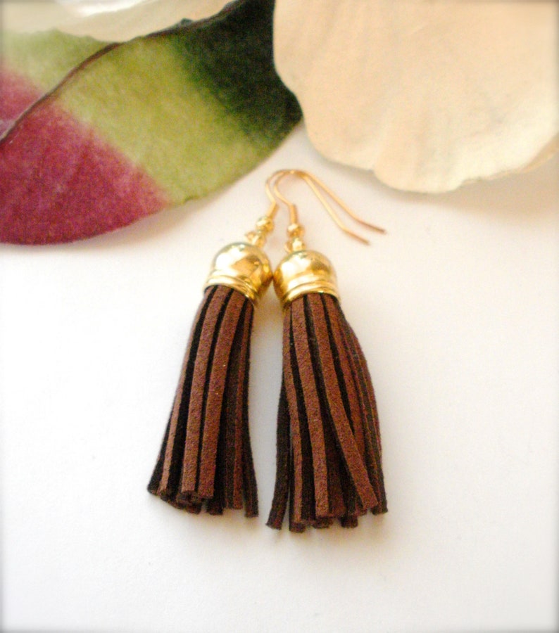 Brown and Goldtone Earrings Boho Faux Suede Earrings Boho Jewelry Dangle Earrings Brown Suede Boho Tassel Earrings Gift for Her
