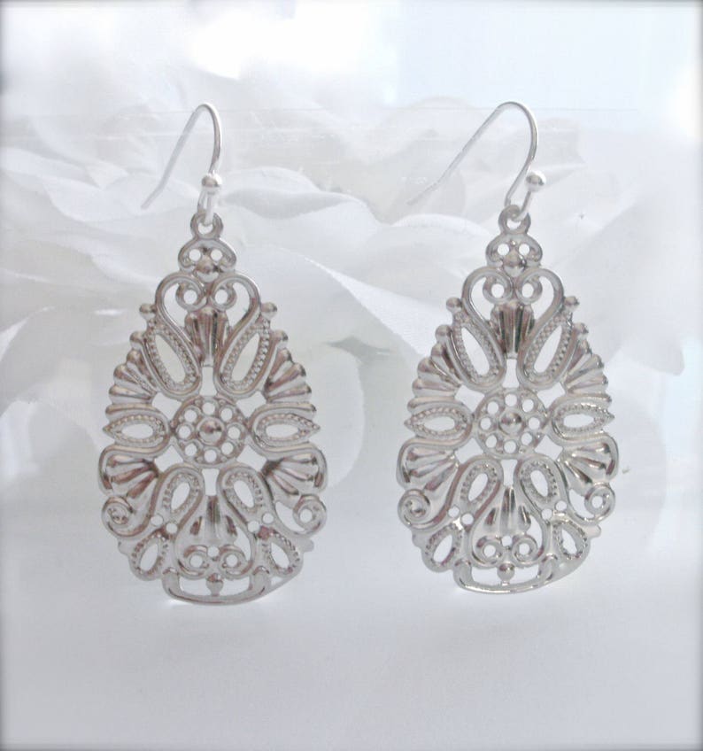Wedding Jewelry Boho Lace Filigree Earrings Dangle Earrings Romantic Gift Silver Filigree Dangle Earrings Lace Filigree Silver Earrings