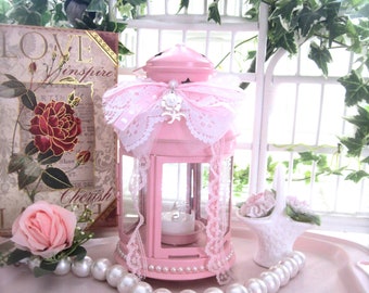 Pink Decorative Flameless Tea Light Candle Lantern, Shabby Cottage Style Vintage Lace Bow Pink Lantern, Home Decor, Romantic Lighting