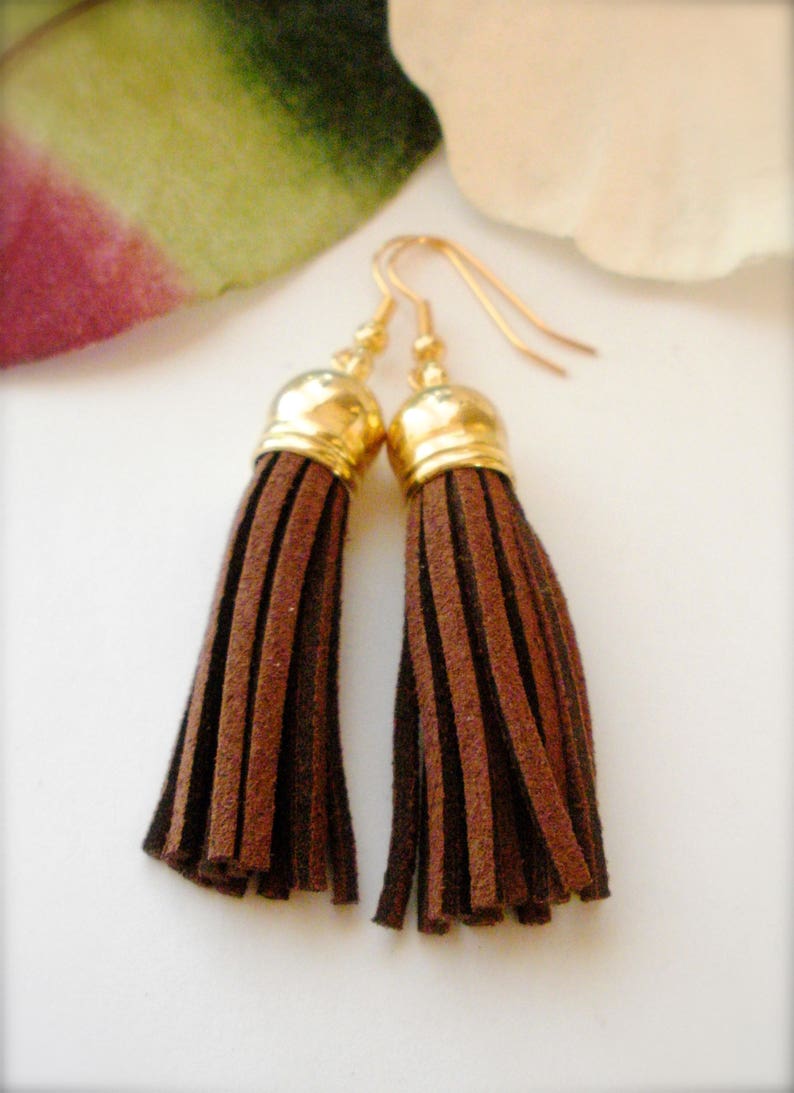 Brown and Goldtone Earrings Boho Faux Suede Earrings Boho Jewelry Dangle Earrings Brown Suede Boho Tassel Earrings Gift for Her