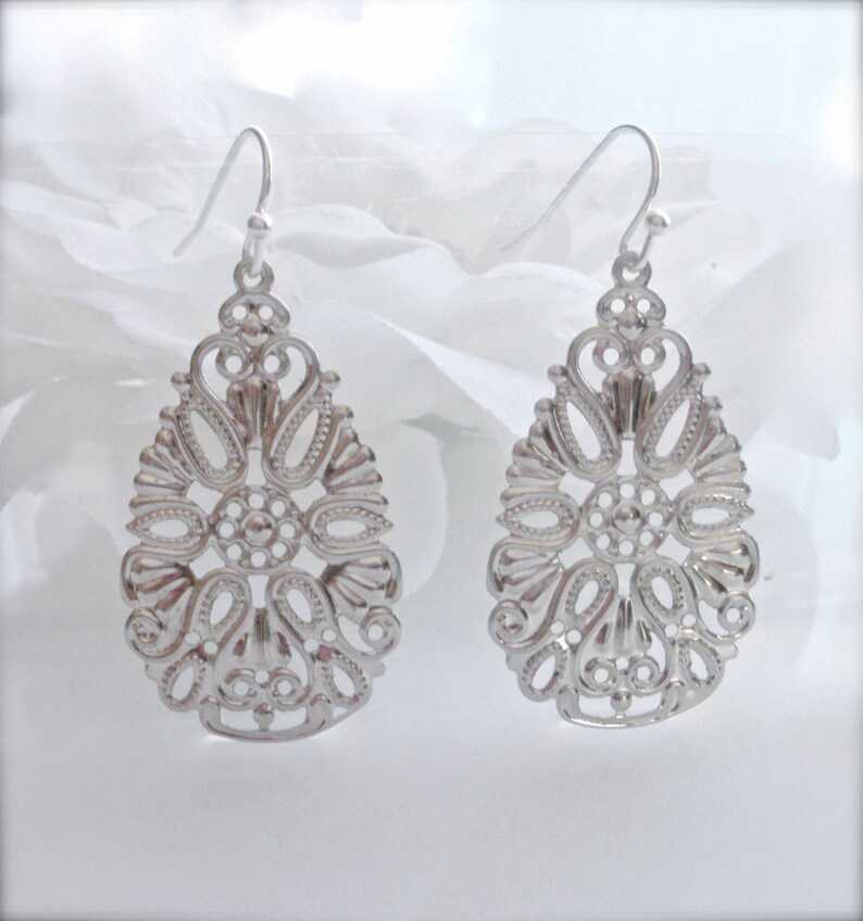 Wedding Jewelry Boho Lace Filigree Earrings Dangle Earrings Romantic Gift Silver Filigree Dangle Earrings Lace Filigree Silver Earrings