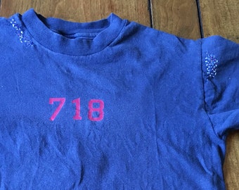 Upcycled Refinery 718 t shirt cotton dark blue top and red numbers 3 color slow stitch sashiko mending embroidery unisex clothing SZ S gift