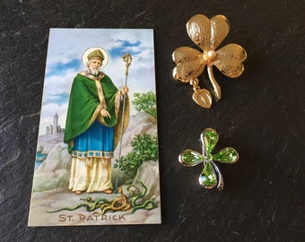 1 green rhinestone four leaf clover badge pin or  VTG gold tone 3 leaf clover & tiny Miraculous Mary brooch pin or St. Patrick prayer card