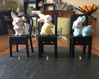 3" VTG Flocked rabbit & black chair mixed media assemblage art starter kit bunny doll sized plastic assorted style new chairs craft supply