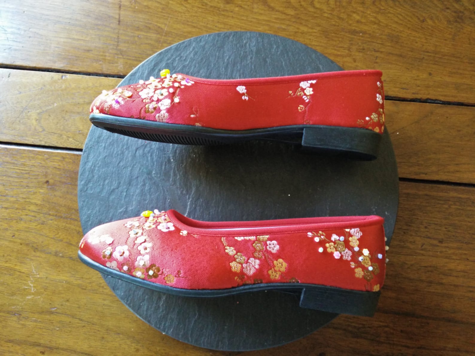 new upcycled chinese asian red chinoiserie satin brocade shoes sequin & beads us size 6.0 euro size 3 ballet style flats easter