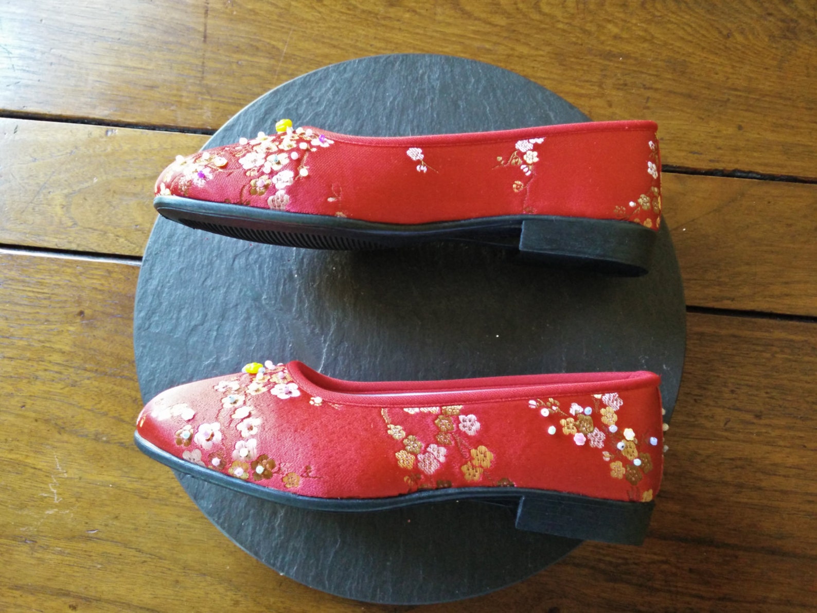 new upcycled chinese asian red chinoiserie satin brocade shoes sequin & beads us size 6.0 euro size 3 ballet style flats easter