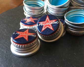 50+ S Pellegrino water red star blue bottle tops soda cap twist screw top DIY basket ornaments fire starters pin cushion unisex kid craft