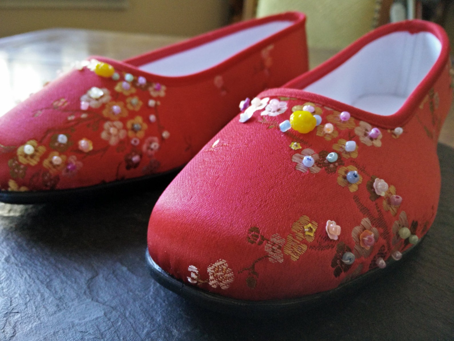 new upcycled chinese asian red chinoiserie satin brocade shoes sequin & beads us size 6.0 euro size 3 ballet style flats easter