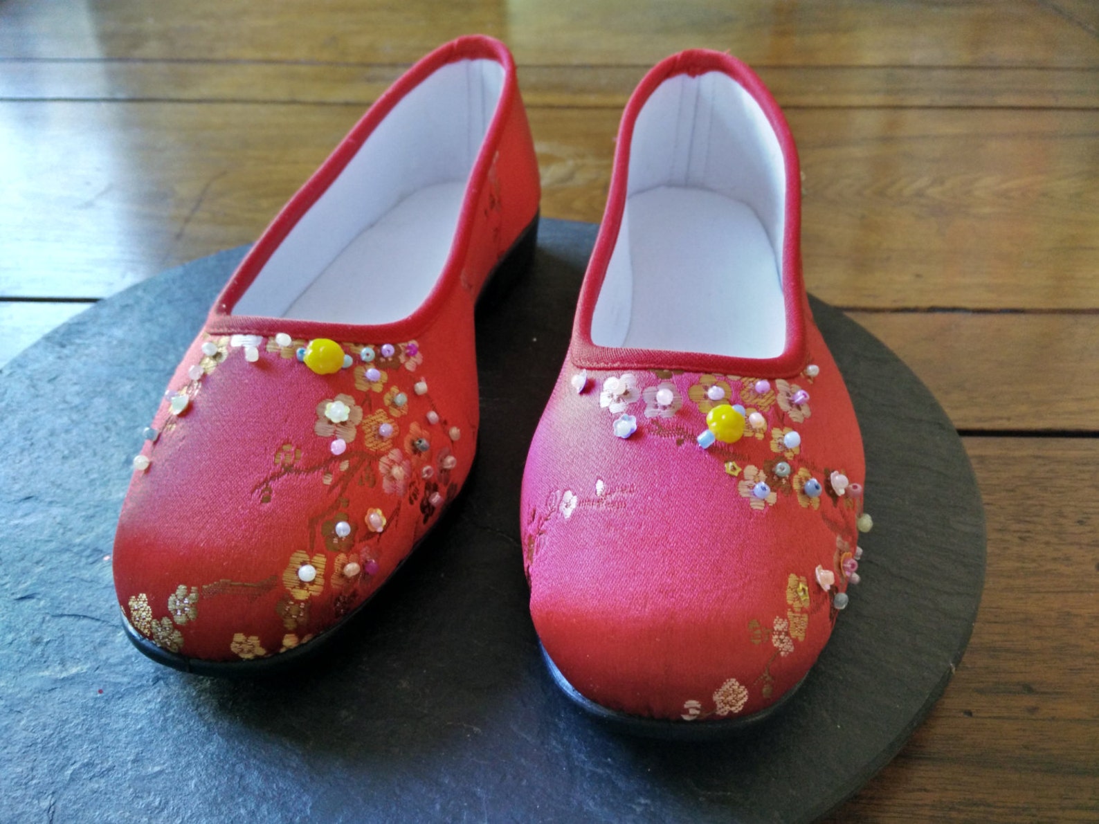 new upcycled chinese asian red chinoiserie satin brocade shoes sequin & beads us size 6.0 euro size 3 ballet style flats easter