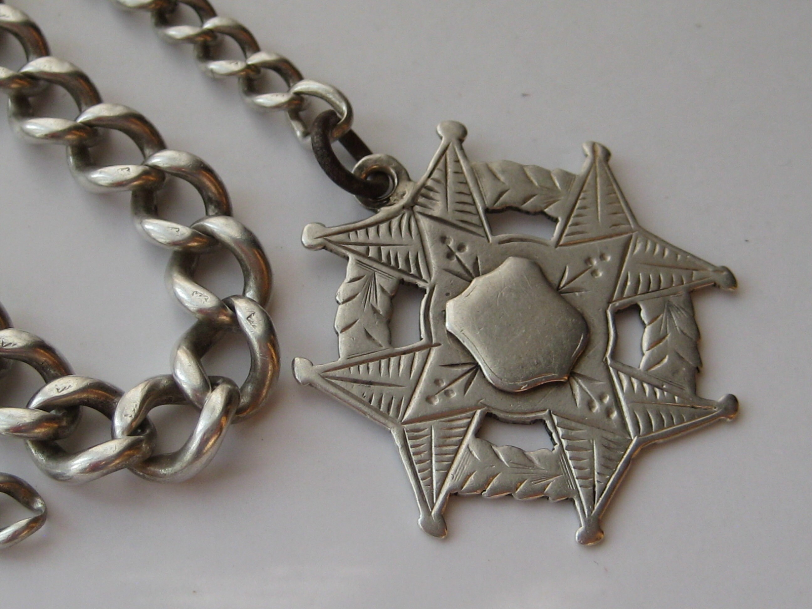 Victorian silver pocket watch chain and H/M silver fob medal Etsy