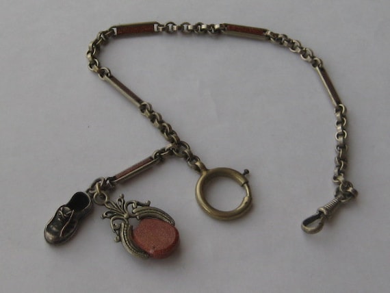 Art deco metal goldstone pocket watch chain and s… - image 1