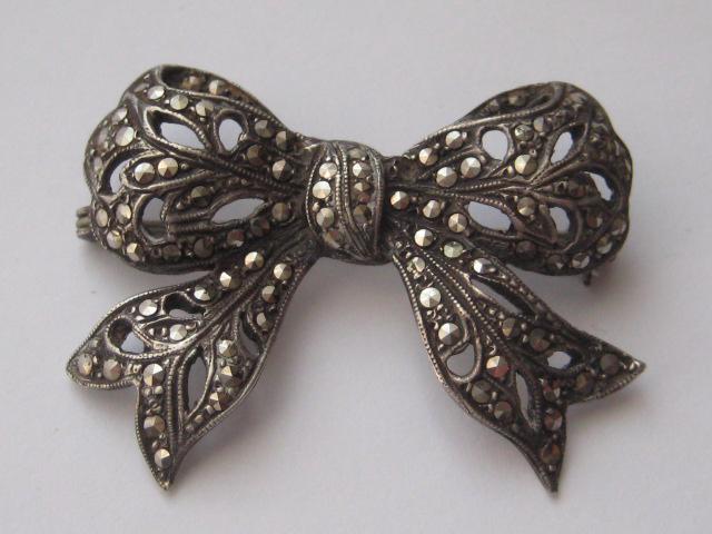 Grande Broche Noeud En Argent 925 Avec Marcassites - Style Art Déco Ancien Et Vintage