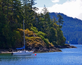 Sailboat At Rest, Cooper's Cove,  Vancouver Island, Sooke Basin, blue water, sunny sky, bay