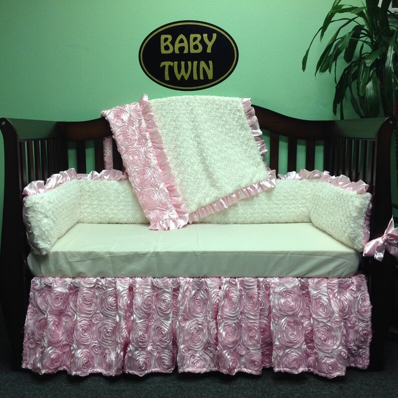 Crib Set 4pc Nursery Bedding Pink Rosette White Etsy
