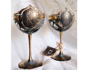 Hand Painted Wine Glasses, 50th Anniversary Gift, Decorated in Antique Style, Patinated Flower Petals and Gold Edging, Luxury Gift