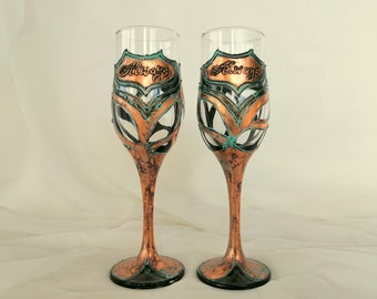 Wedding Champagne Flutes, Always Flutes, Personalized Gift for a couple, Wedding aniversary gift, Hand Painted Antique Style, Set of 2