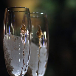 Wedding Champagne Flutes With Gold Rose, Personalized Elegant Wedding Glasses, set of 2 image 1