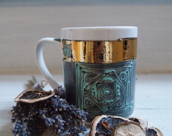 Gold Coffee Mug, Coffee Cup, Hand Painted Mug, Gift For Boss, Porcelain Office Cup, Large Cup, Blue and Gold Mug, Gift For Coworker