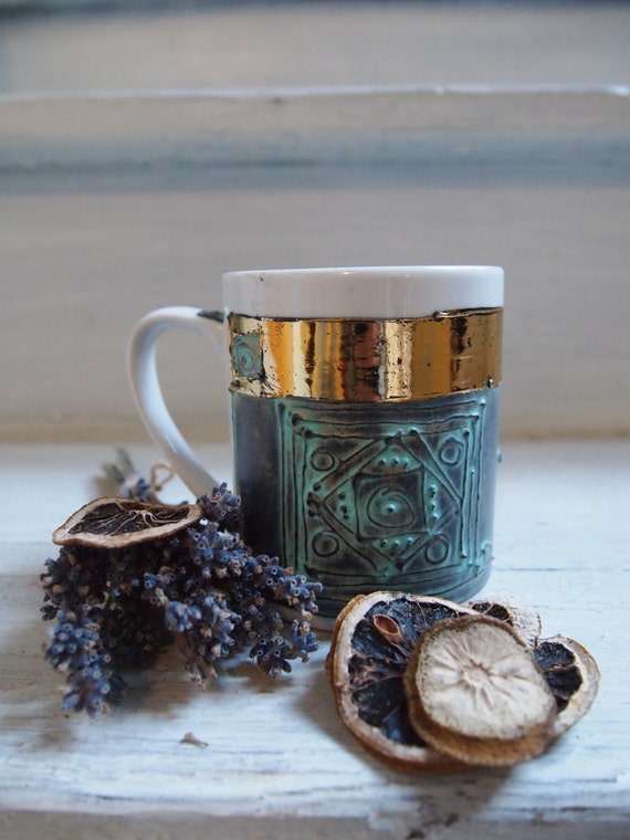 Gold Coffee Mug, Coffee Cup, Hand Painted Mug, Gift For Boss, Porcelain Office Cup, Large Cup, Blue and Gold Mug, Gift For Coworker
