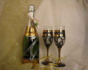 Gold and Silver Hand Painted Wedding Set of Flutes Bottle Candlestick, Wedding Toast, Painted As Metal Fitting With Colorless Silver Petals