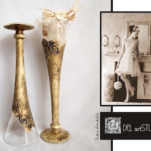 Wedding Champagne Flutes, Hand Painted Wedding Flutes, Personalized Toasting Flutes, Gold and Ivory Glasses, Set ot 2