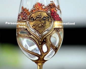 Personalized Wine Glass, Custom Wine Glass, Hand Painted Gold Wine Glass With Autumn Leaves, Unique Wine Glass, Krystal Glass