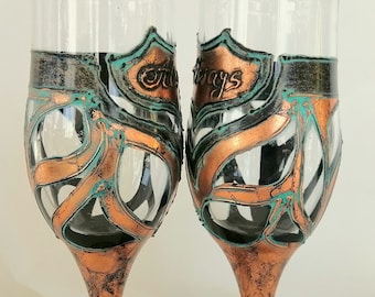 Copper champagne flutes, Copper wedding, 7th wedding anniversary, Hand painted glasses with Inscription Always, Gift for a couple, Set of 2