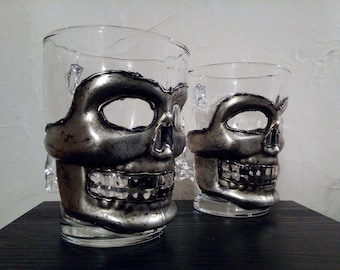 Silver Skull Beer Mugs, Set of 2, Glass Mugs Gift for Beer Lovers, Homemade Beer Mugs, Beer Fest Mugs, Handpainted