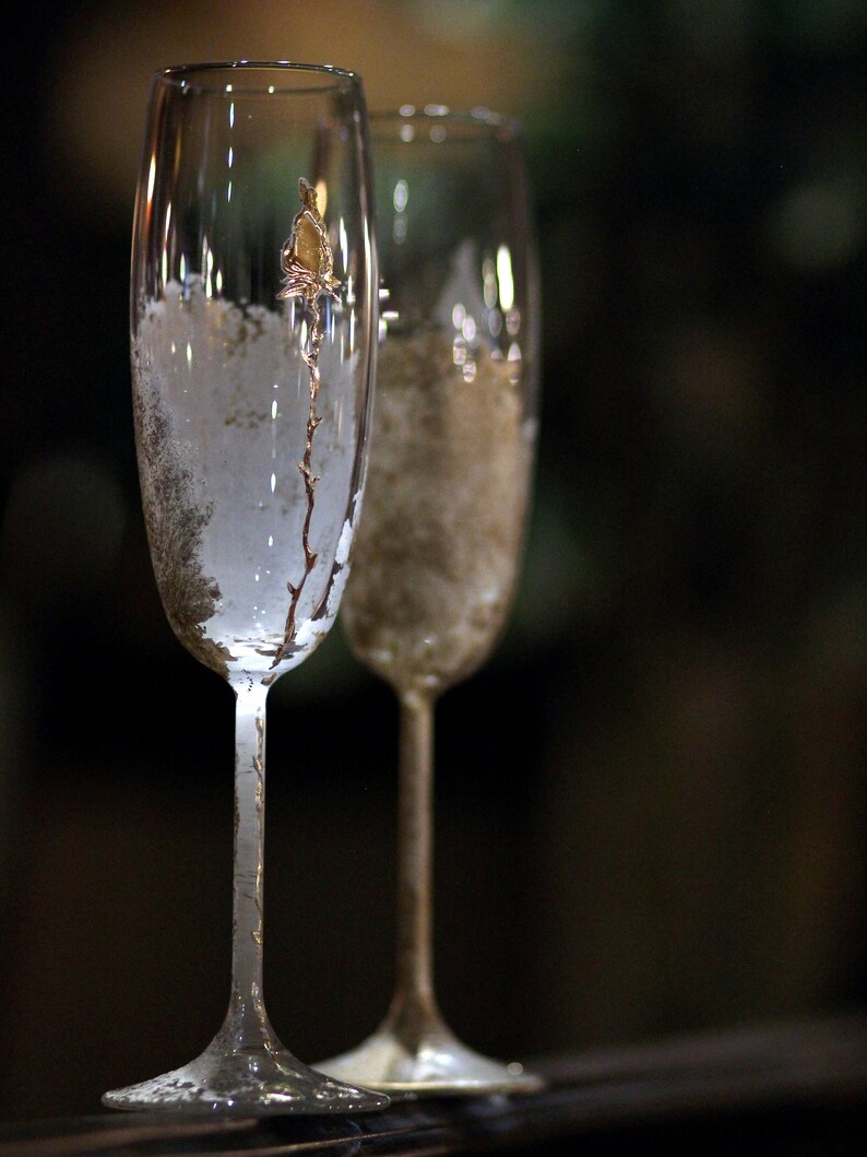 Wedding Champagne Flutes With Gold Rose, Personalized Elegant Wedding Glasses, set of 2 image 5