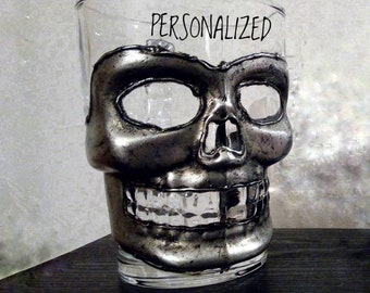 Halloween Skull Mug, Bone Handle Mug, Large Glass Mug, Halloween Gift, Handpainted Silver Mug, Personalized, 1 pc