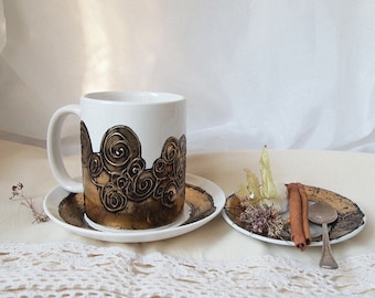 Hand Painted Tea Mug Set With Golden Spirals, Set for Tea Making Mug and Two Plates, Porcelain Tea Mug, Tea Cup, Gift For Tea Lover