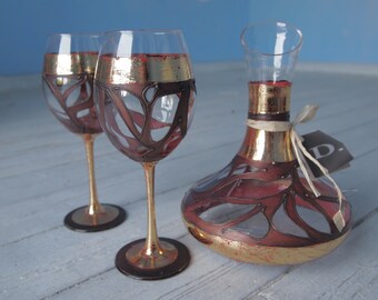 Wine Decanter and Two Glasses Set, Red or White Wine Carafe, Personalized Gift, 40th Anniversary, Hand Painted Antique Style Wine Set