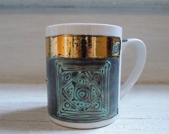 Personalized Hand Painted Coffee Mug, Patina And Gold Ethnic Motif, Antique Style, Gift For Any Special Occasion