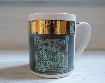 Hand Painted Mug, Coffee Mug, Mug for Gift, Vintage Design, Gold and Blue Coffee Mug, Cup for Coffee or Tea, Hand Painted Cup, Unique Gift