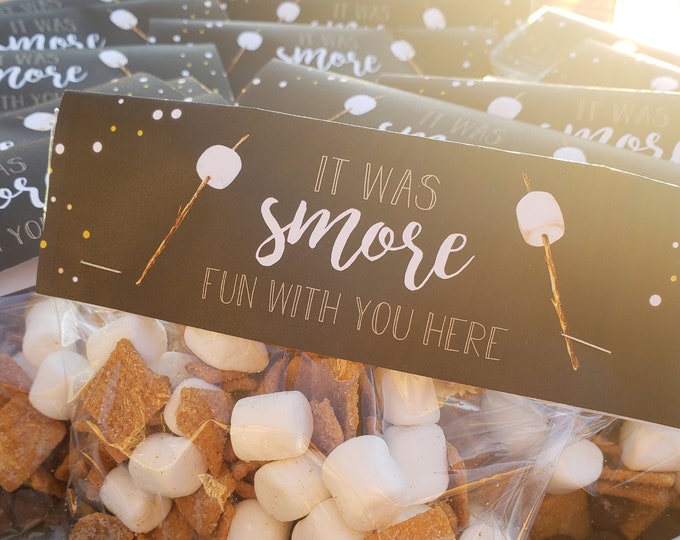 Featured listing image: Smores Camping Party Favor Bag Toppers – Backyard Theme Party - Smores Theme Party favors – Camping Birthday Décor – Overnight Party Decor