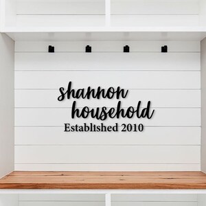 Puede incluir: Banco de entrada blanco con dos estantes y una tapa de madera. La pared detrás del banco tiene paneles de madera blanca y un letrero negro que dice "shannon household established 2010".
