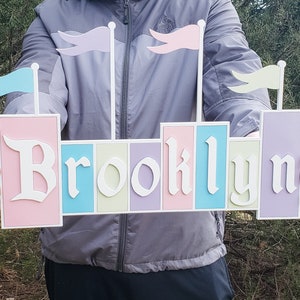 May include: A pink, blue, green, and purple wooden sign with the name "Brooklyn" spelled out in white letters. The sign has flags on top of each letter.