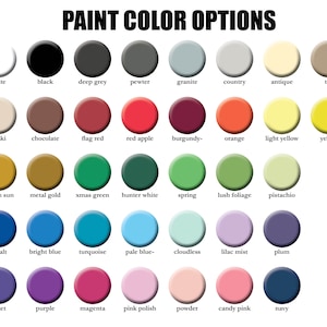 May include: A color chart with the text "PAINT COLOR OPTIONS" at the top. The chart displays a variety of paint color options, including white, black, deep grey, red apple, and navy. Each color is represented by a small, round swatch.
