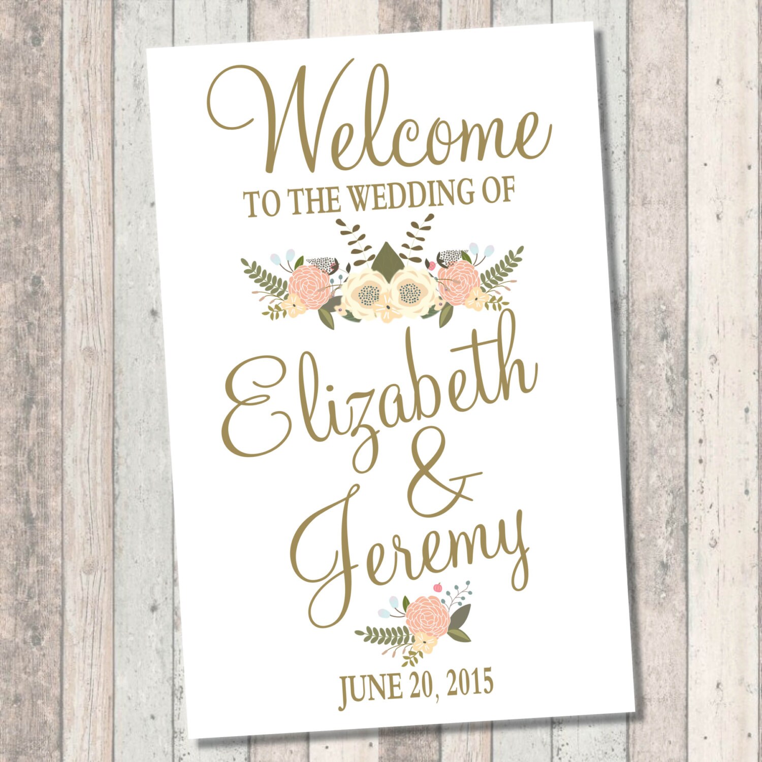 Wedding Welcome Sign - Gold Font - peach and blue flowers